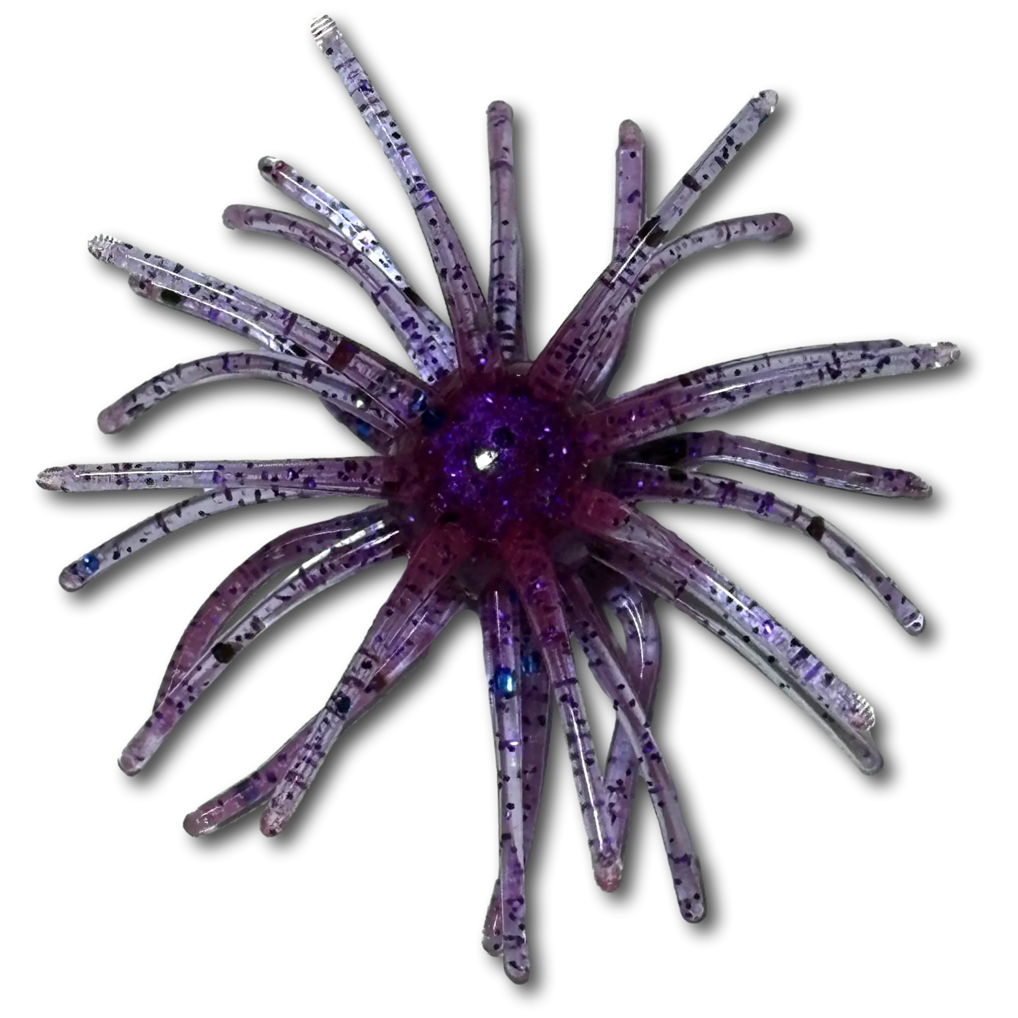 Purple crappie urchin bait showing the rounded center and radiating tentacles