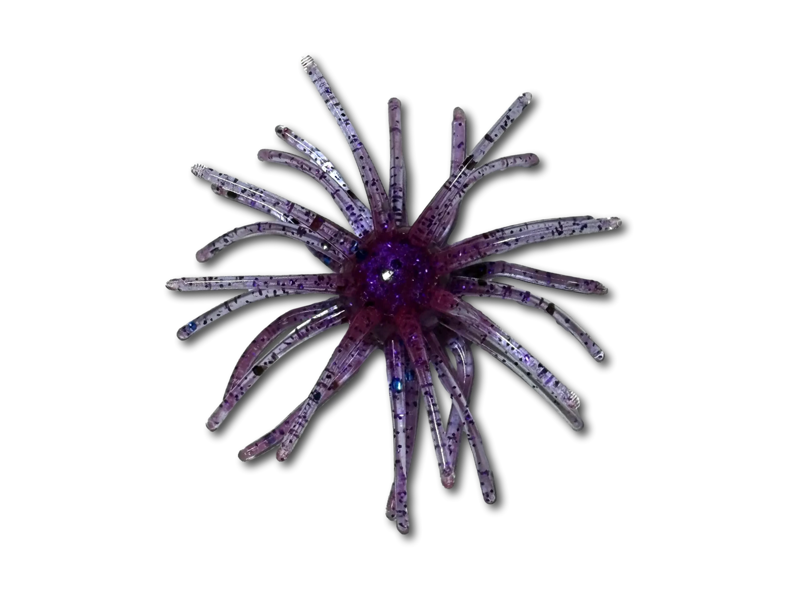 Purple crappie urchin bait showing the rounded center and radiating tentacles