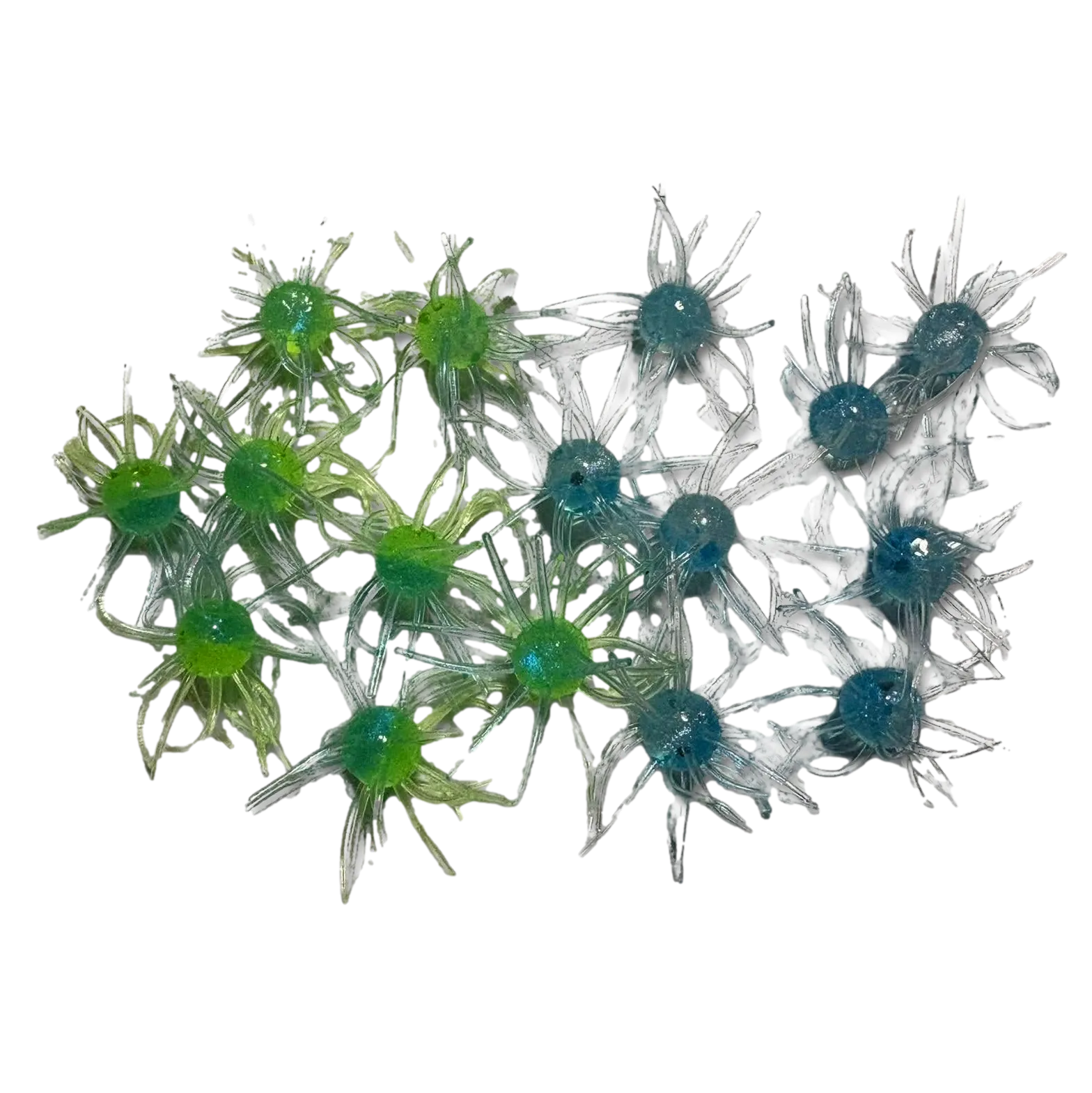 Pile of blue 1.5-inch Crappie Urchin soft plastic baits