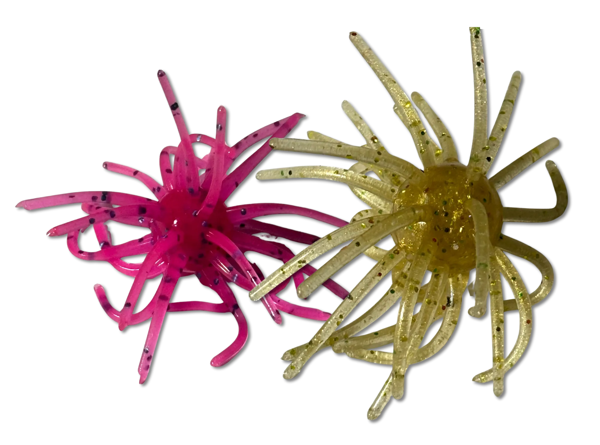 Pink 2.5-inch and green pumpkin 3.5-inch Ugly Urchin bass creature baits